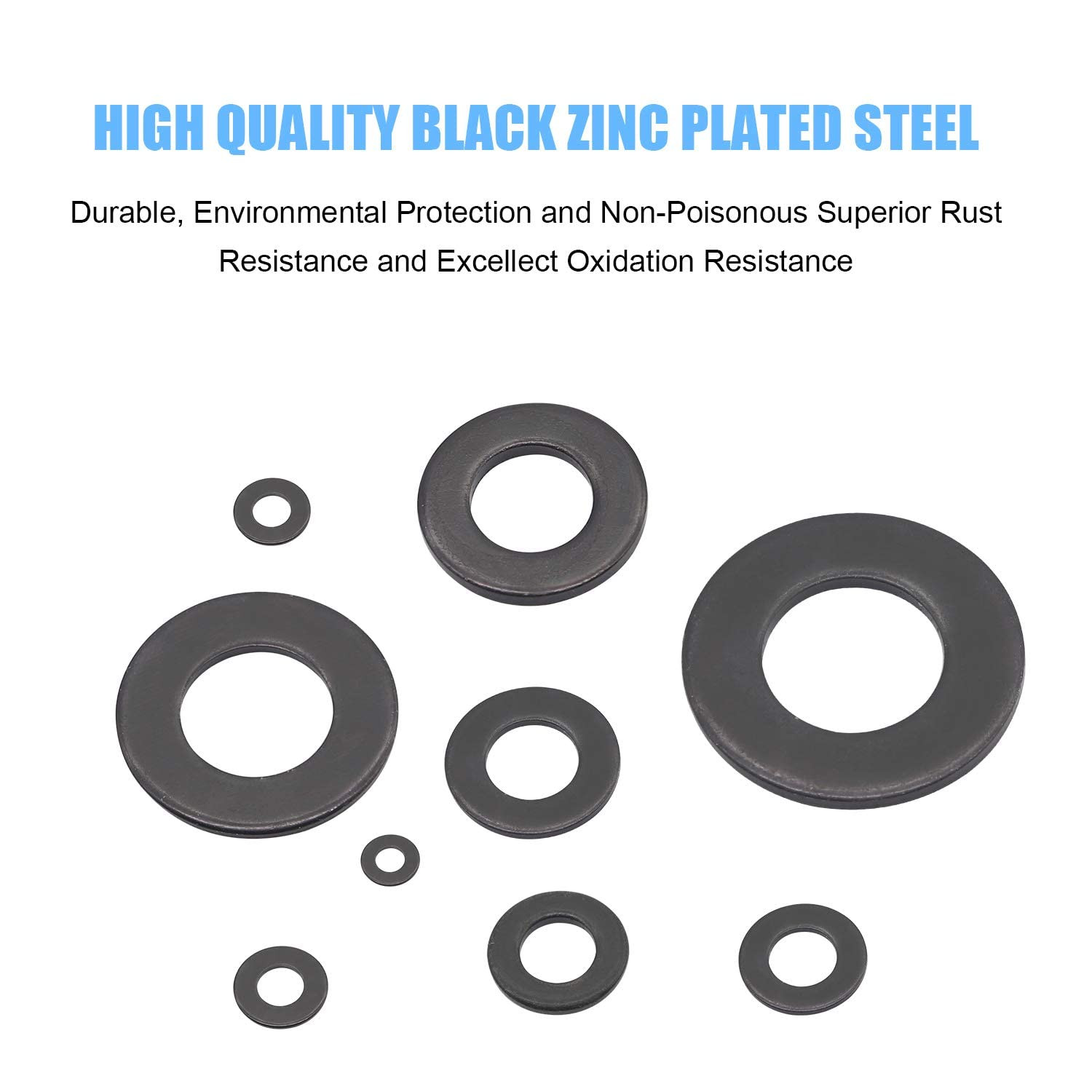 700 Pieces 9 Sizes Black Zinc Plated Steel Flat Washers Assortment Kit (M2 M2.5