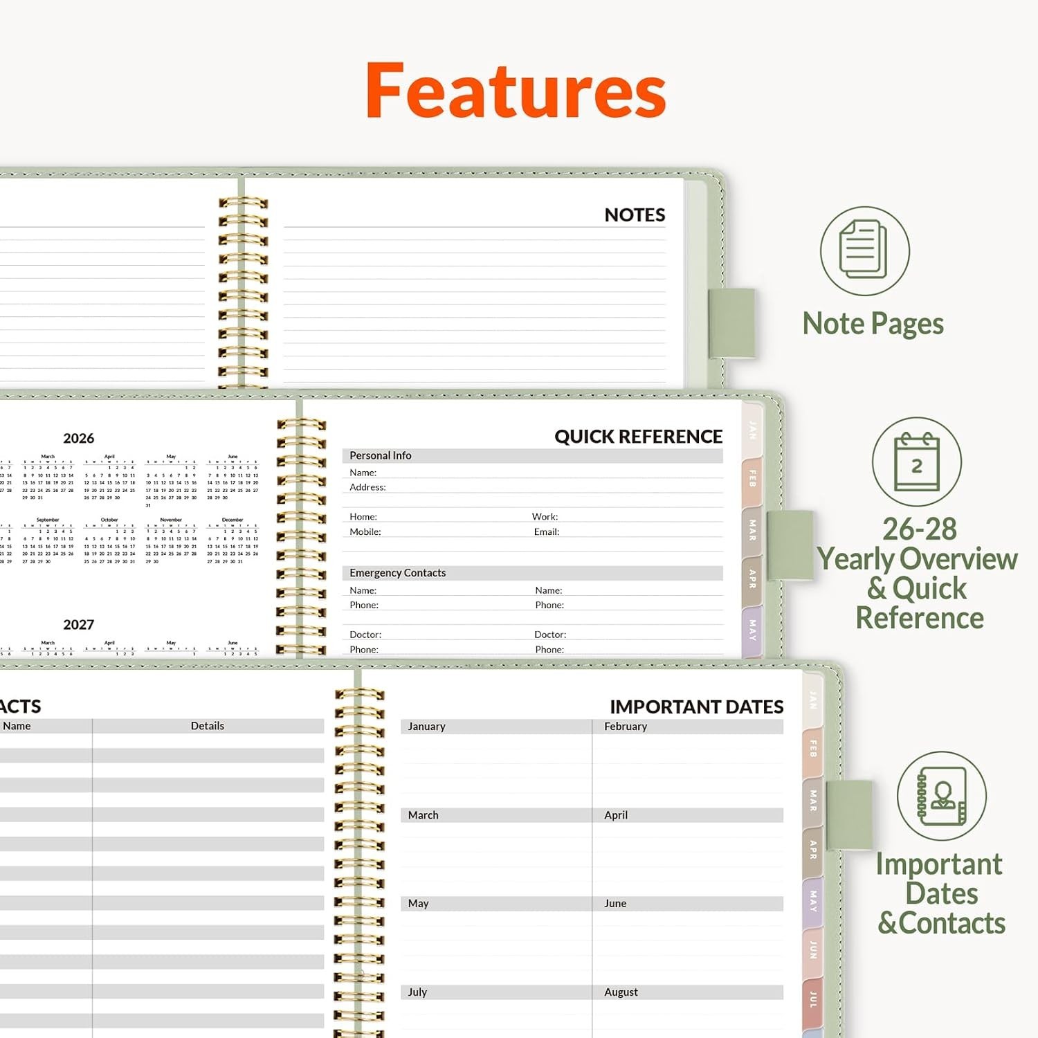 Elegant 2026-2027 Planner – 9×11.2 Leather, Extra Pages & Colorful Tabs