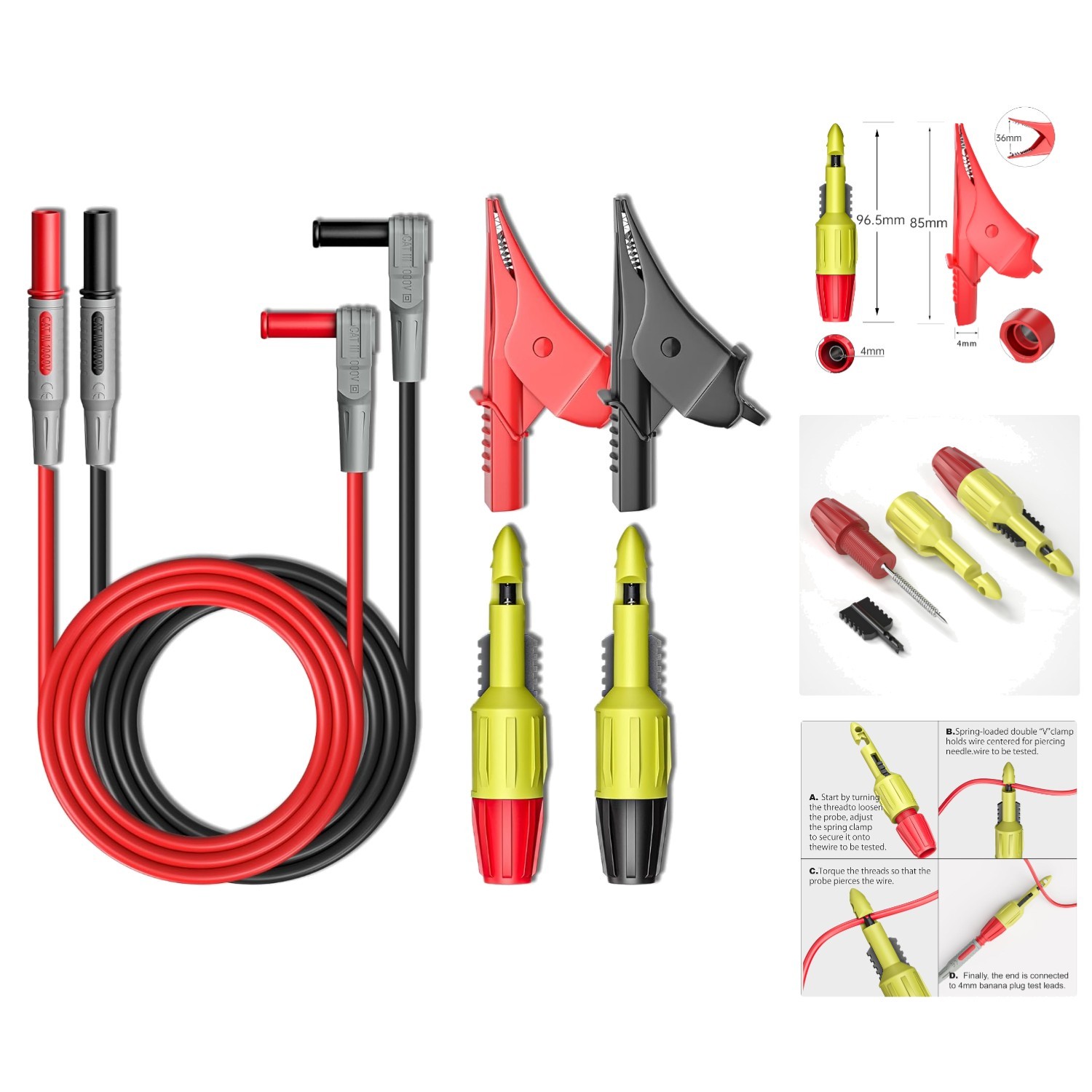 CAT III 1000V Multimeter Leads Set with Probing Clips & Alligator Grips
