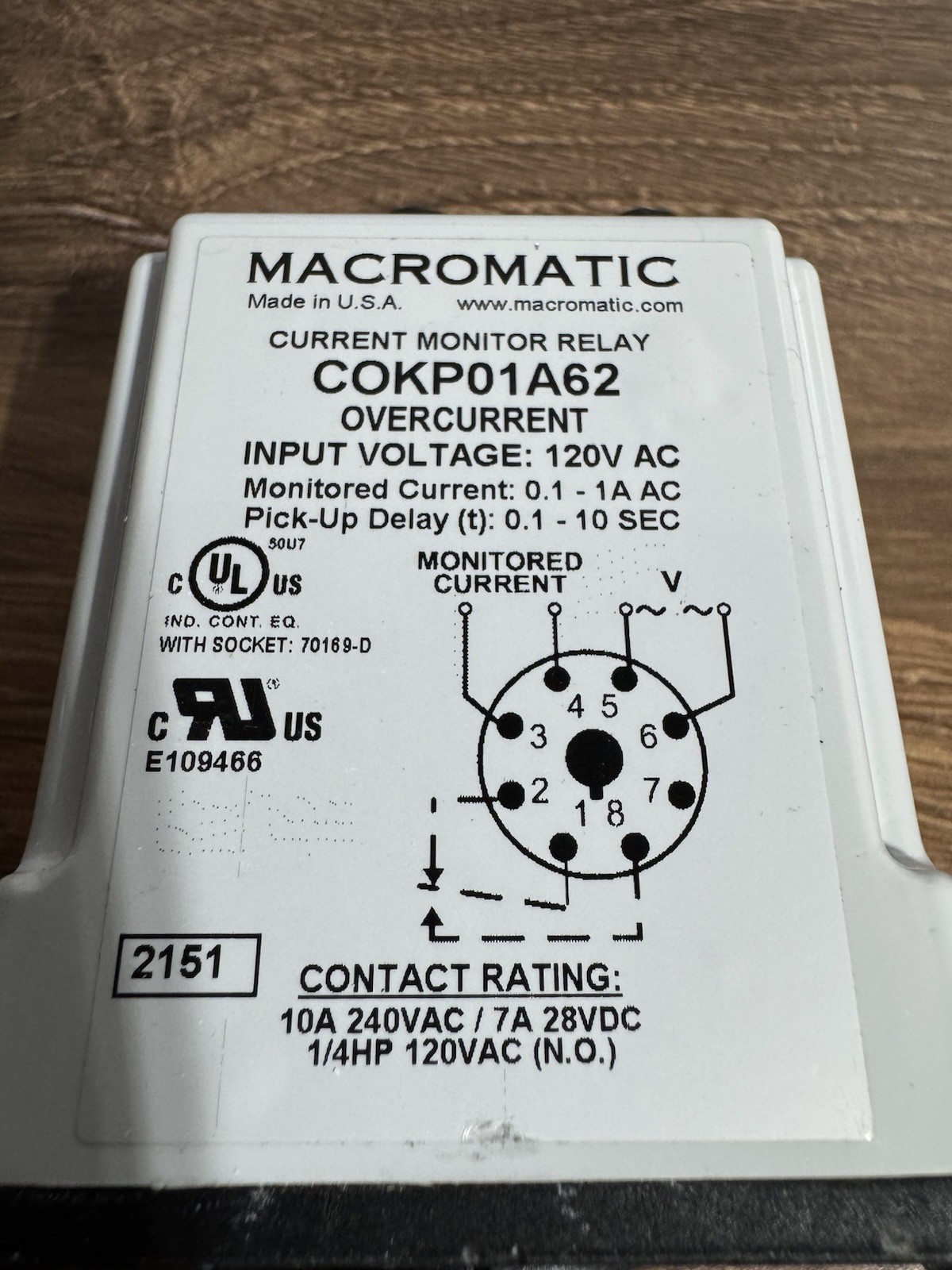 Macromatic Current Monitor Relay COKP01A62 Contact Rating 10A 240VAC/ 7A 28VDC