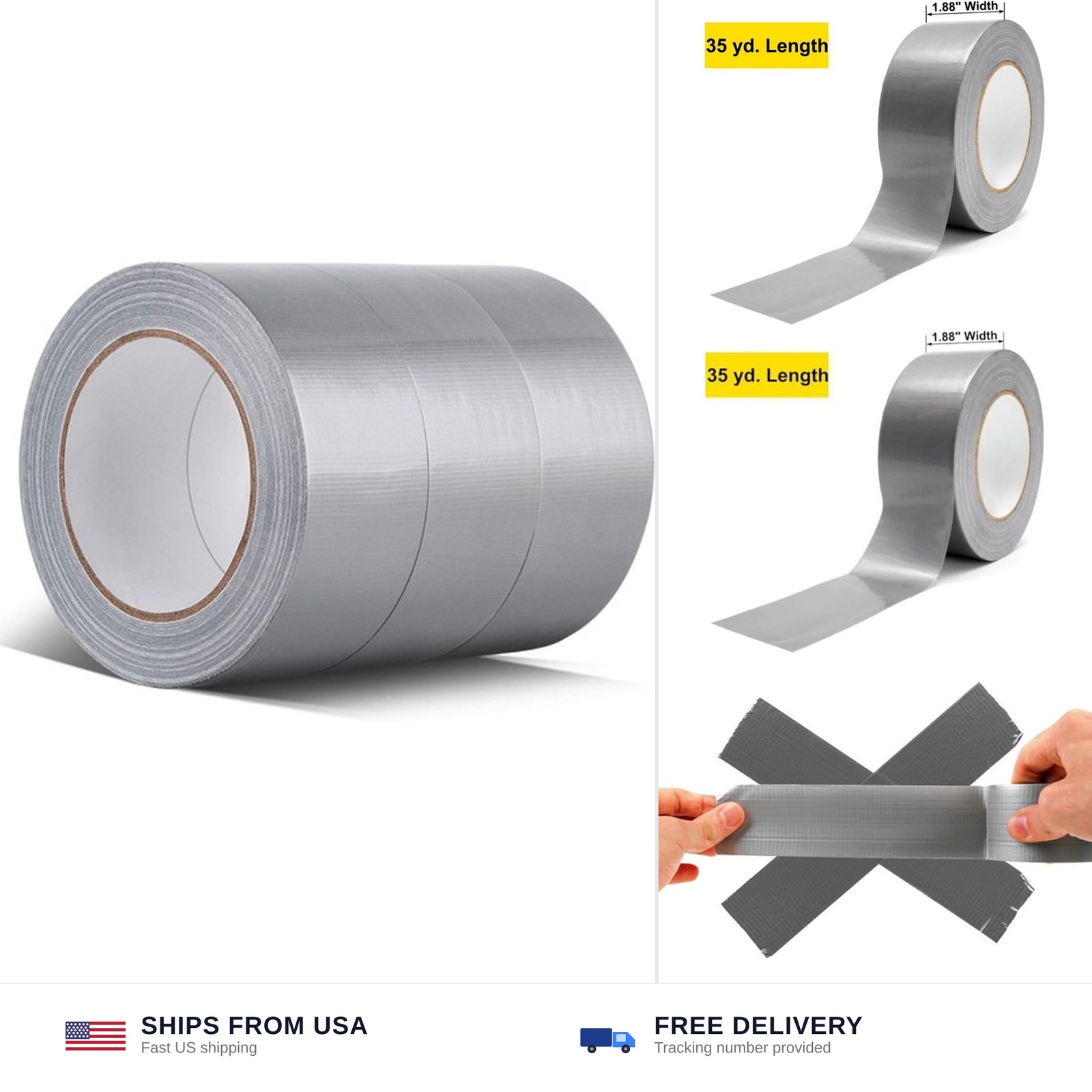 Silver Gray Duct Tape, 1.88 Inches Width x 35 Yard, 3 Rolls | Heavy duty adhe…