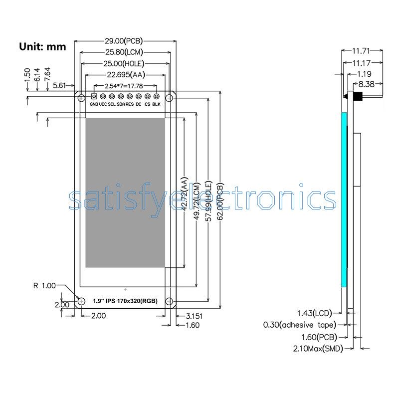 1.9″ IPS Full Angle TFT LCD Color Screen Module SPI Serial Port 170×320 ST7789