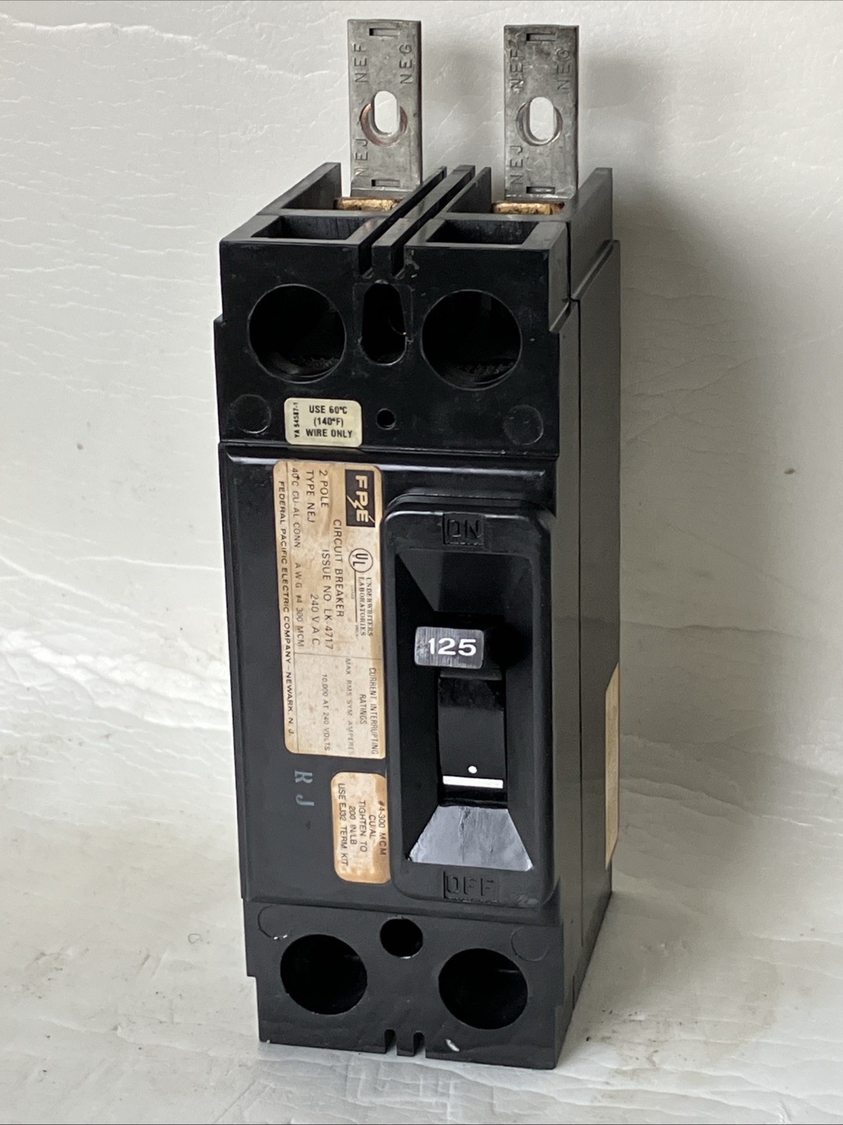 FPE Federal Pacific NEJ221125 Circuit Breaker Type NEJ 2 Pole 125 AMP 10kA@ 240V