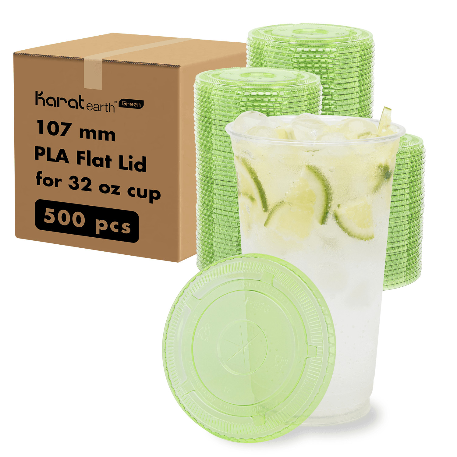 Karat Earth 107mm PLA Flat Lid for 32oz Cup, Green – 500 ct, KE-KC107TS-G