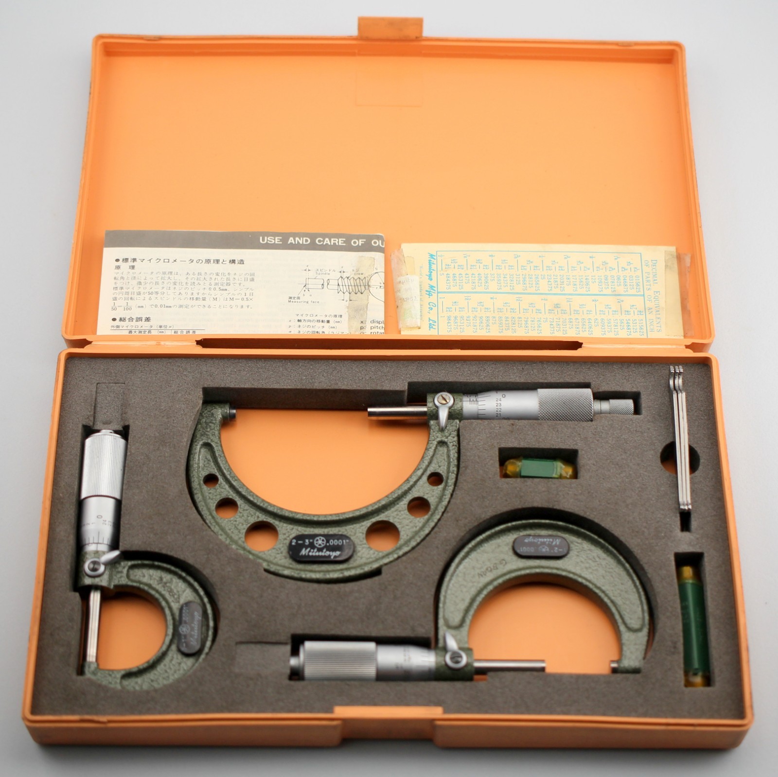 Mitutoyo 103-922 Outside Micrometer Set Standards 0-3″ Range Case Manual, Japan