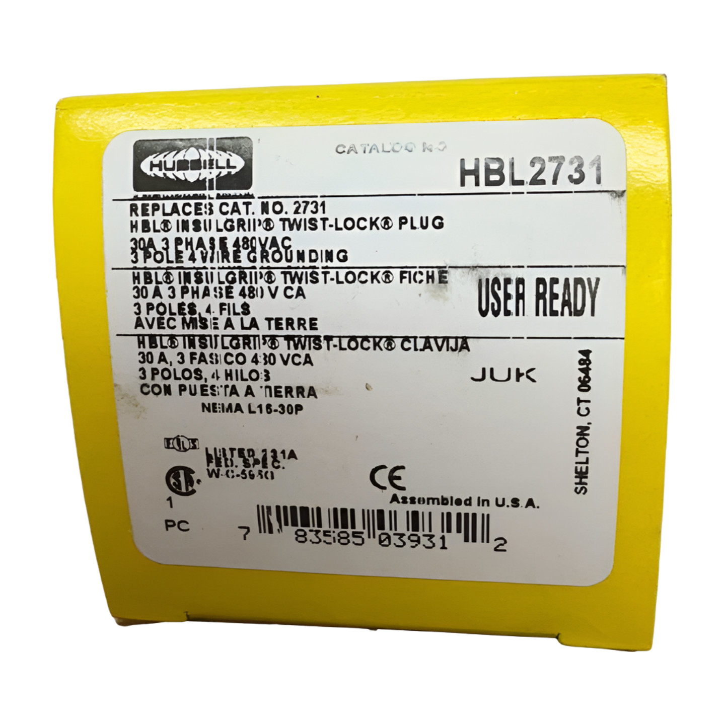 Hubbell HBL2731 Insulgrip Twist-Lock Male Plug, 3-P, 30A, 480VAC, NEMA L15-30P