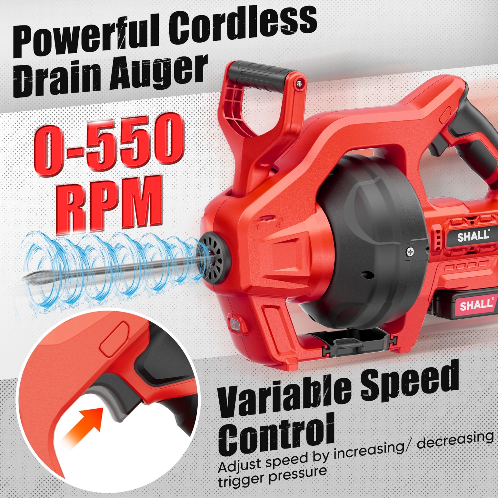 SHALL 20V Cordless Drain Auger, for 3/4’’-2’’ Sewer Pipe, Sink Toilet Bathroom