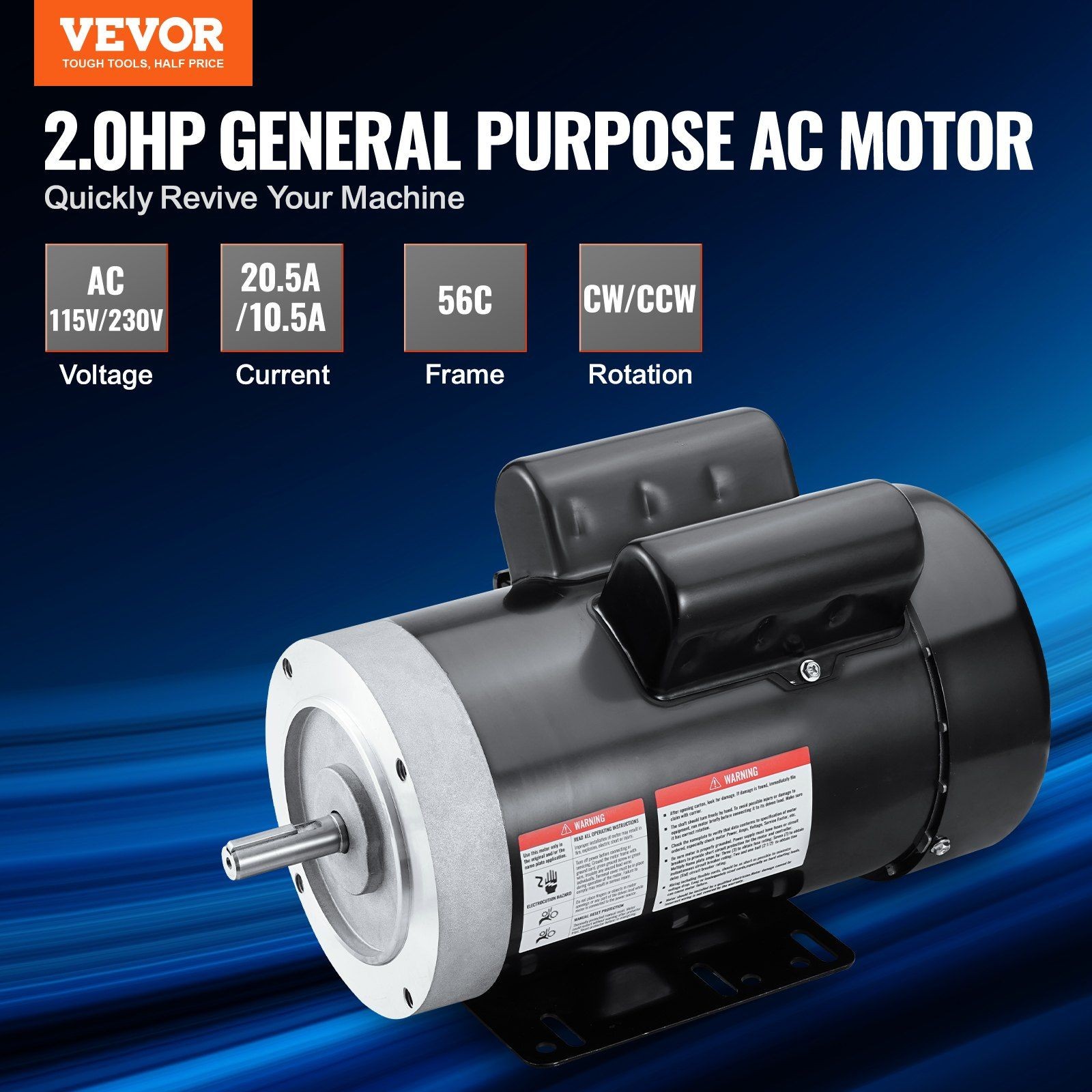 2HP AC Electric Motor 115V/230V 60Hz 1725RPM 56C Frame 5/8in Shaft Reversible