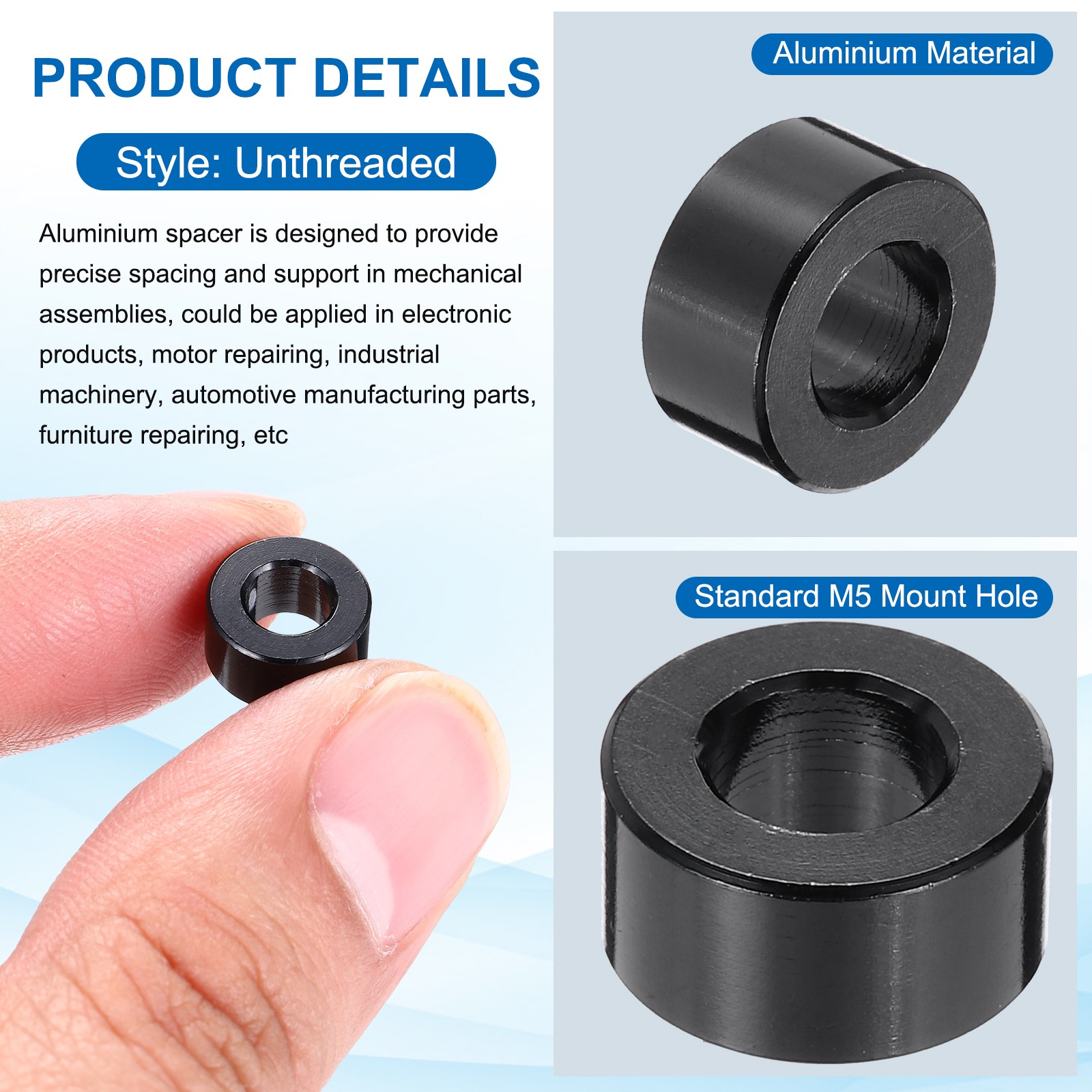 Aluminium Spacer, M5 3/16″ ID x 3/8″ OD x 3/16″ L, (Pack of 10)