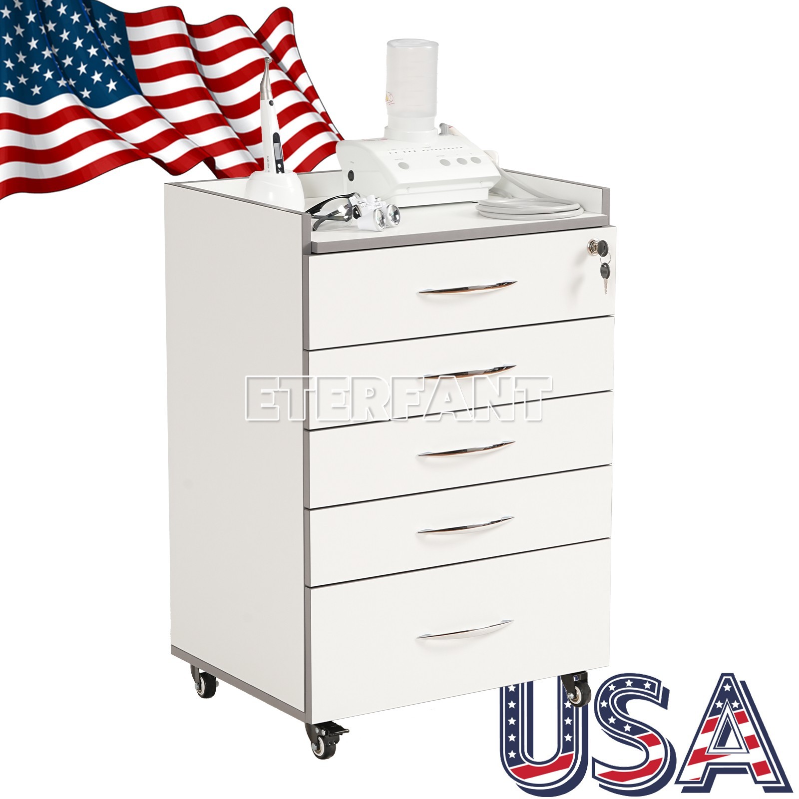 Dental Trolley Cart with Socket/Cart Acrylic Mobile Wooden Cabinet 5 Drawers US