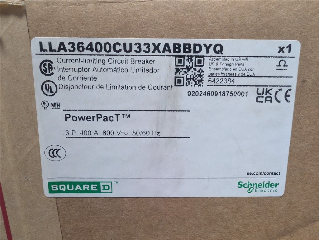 400A Square D LL 400 PowerPacT I-Line Breaker 600V 3-3S LSI LLA36400CU33XABBDYQ