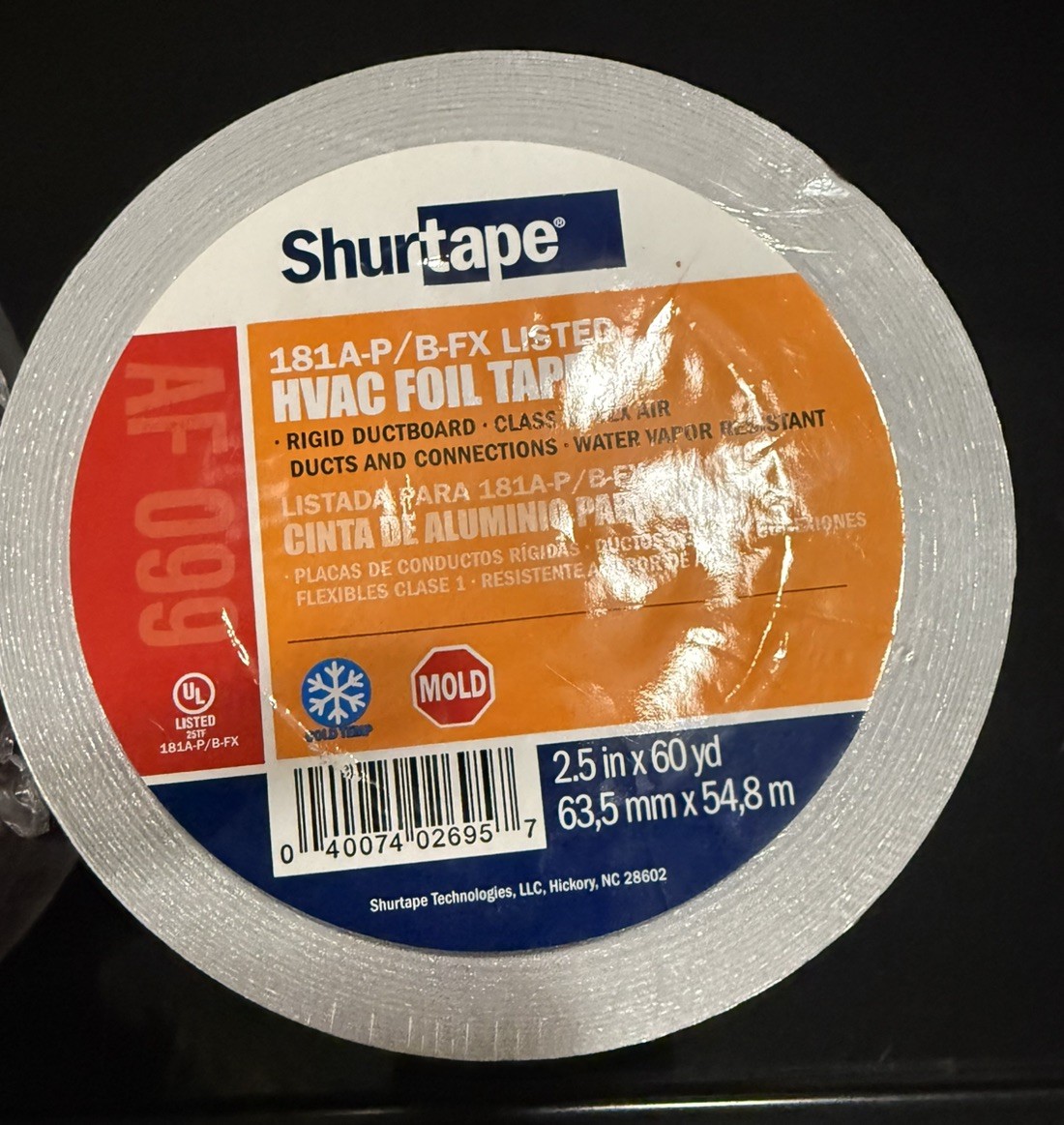 Shurtape AF 099 UL 181A-P/B-FX Listed/Printed Aluminum Foil Tape 2.5inx55m