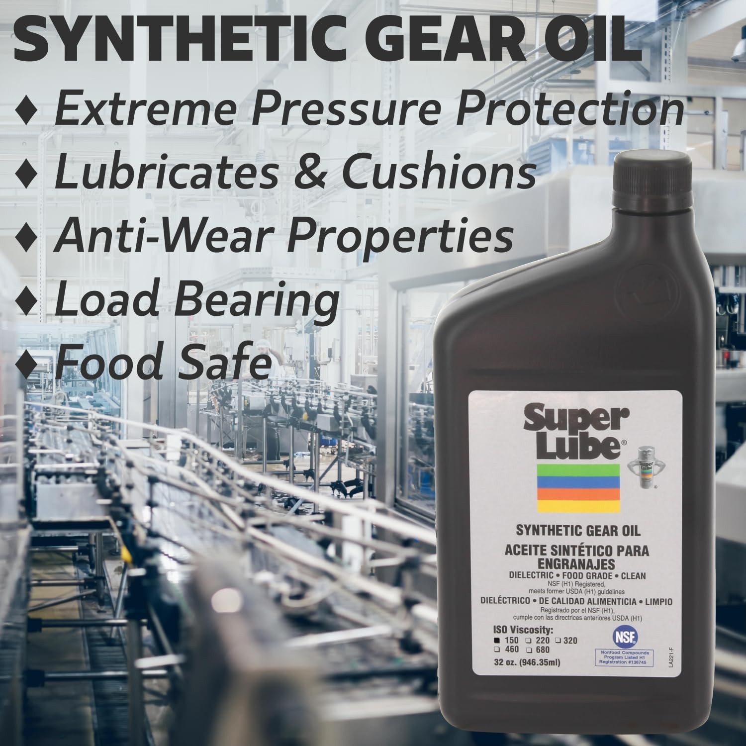 Super Lube Synthetic Gear Oil ISO 220 Hydraulic Grade (Translucent Amber, 1qt)
