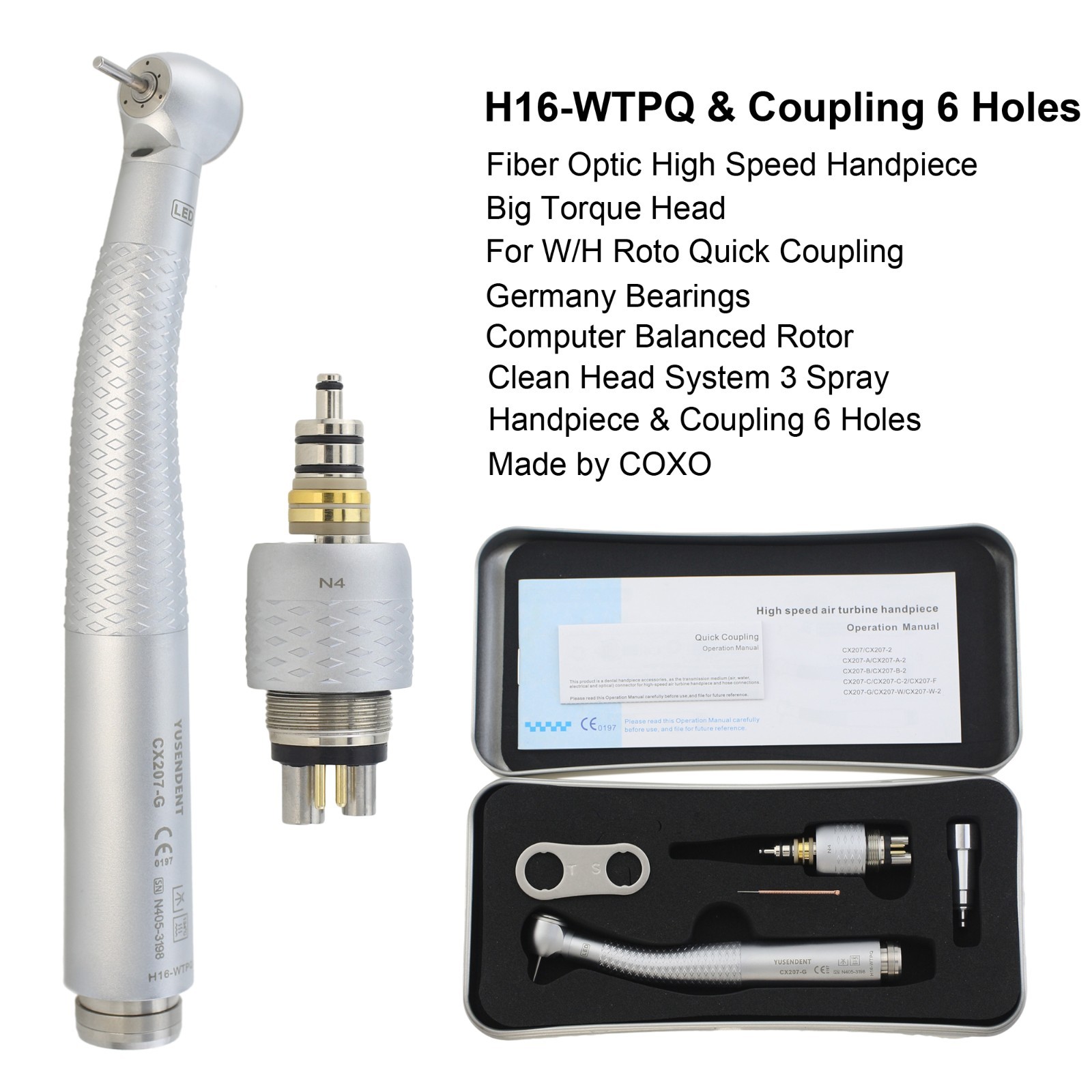 COXO Dental Fiber Optic Handpiece High Speed For W/H Roto Quick Coupler 6 Holes