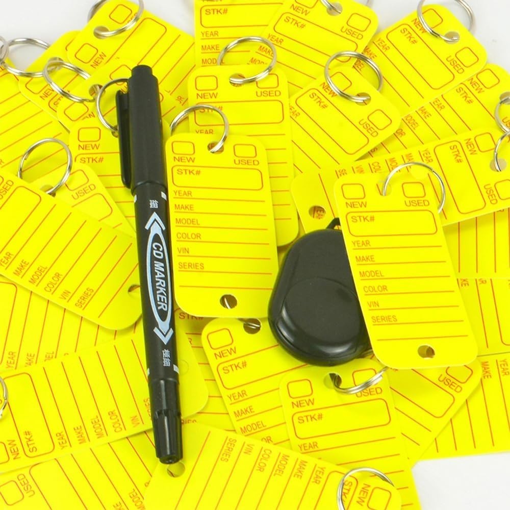 KIUKIUO 200 Pcs PVC Key Tags with Rings & Markers – Yellow