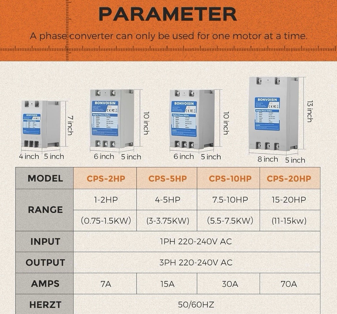 Bonvoisin Single Phase to 3 Phase Converter 20HP(15kW)70A 220V-240V Input/Output