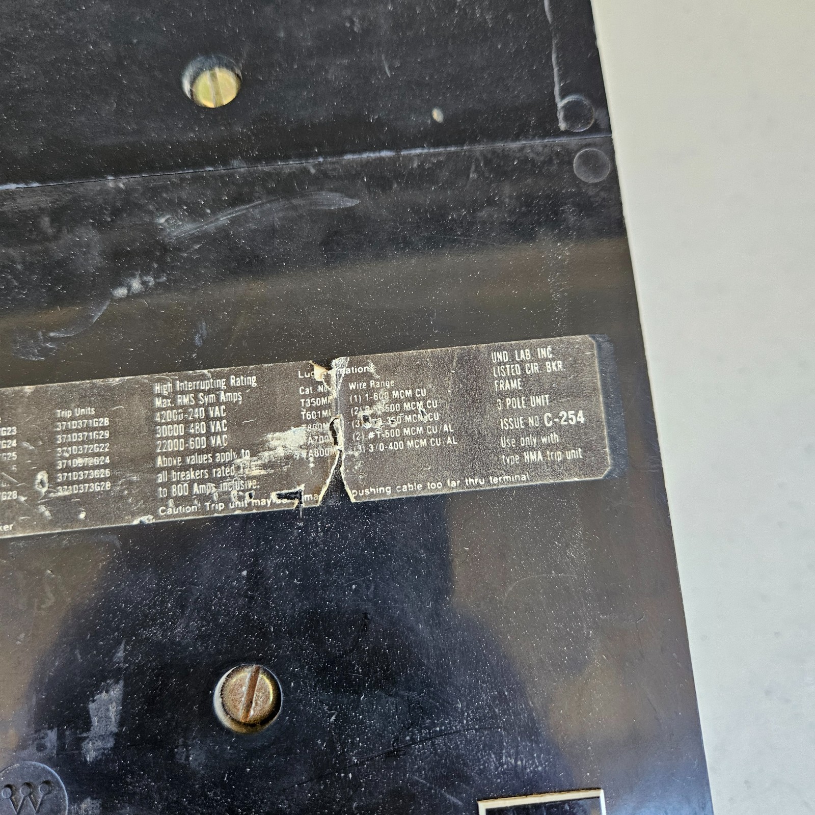 MA3800F 800A Breaker 600V w/500A Trip Unit – Westinghouse
