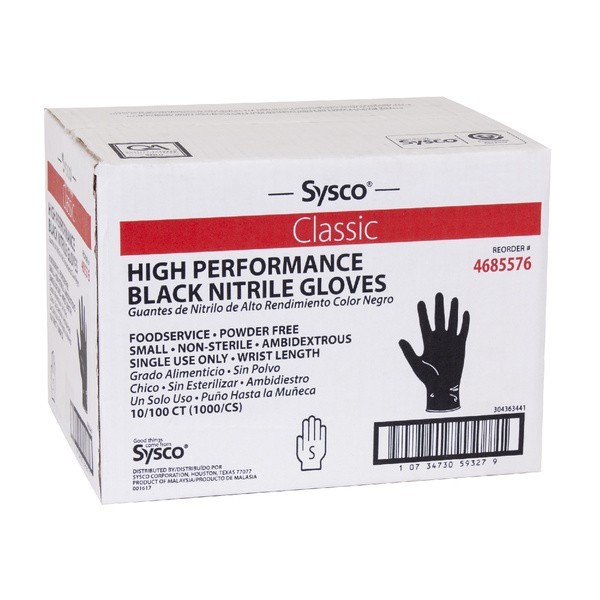 FDA Compliant Sysco Black Nitrile Gloves — S/M/L/XL — 100/Box — 1000/Case