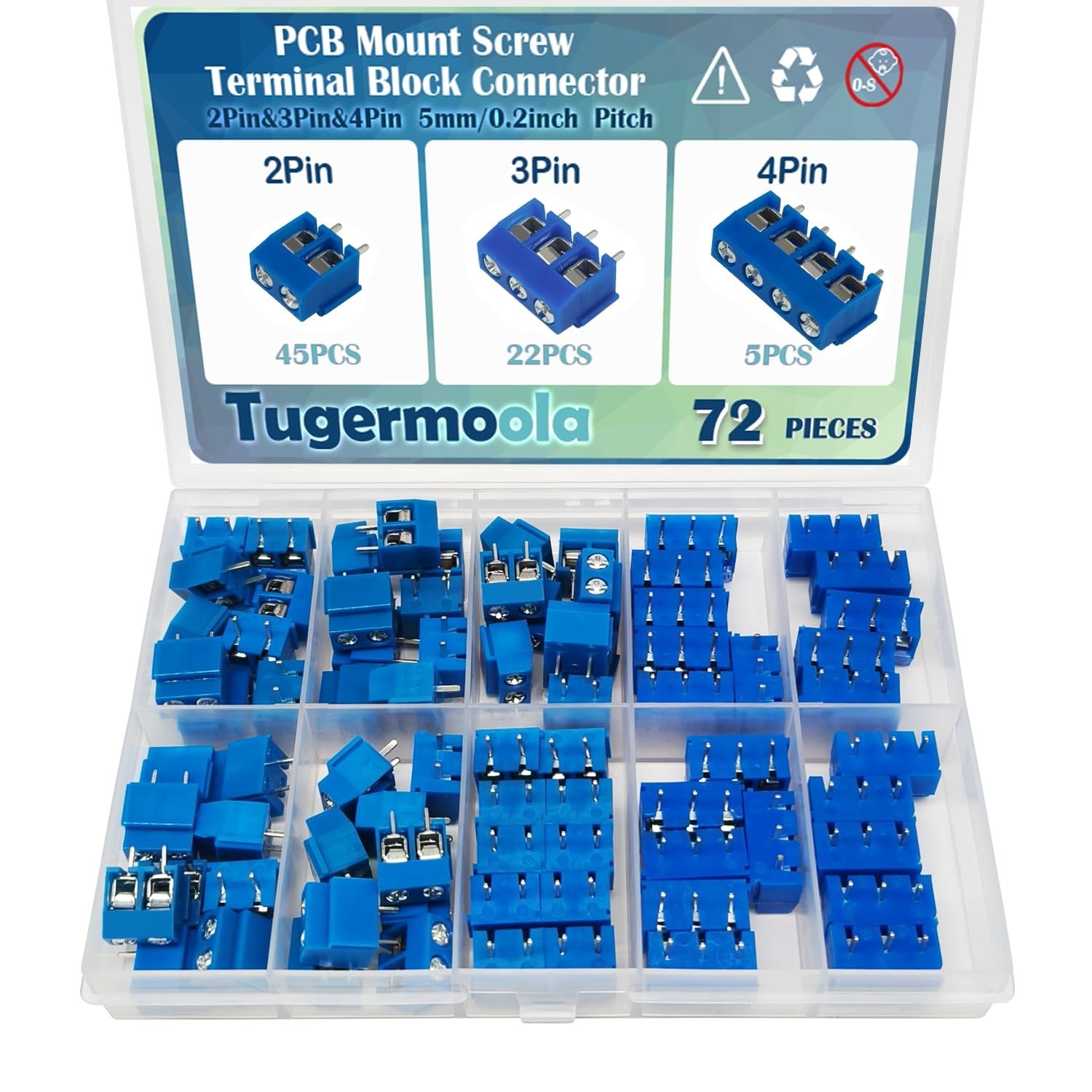 72PCS 5mm/0.2inch Pitch PCB Mount Screw Terminal Block Connector 2Pin 3Pin 4P…