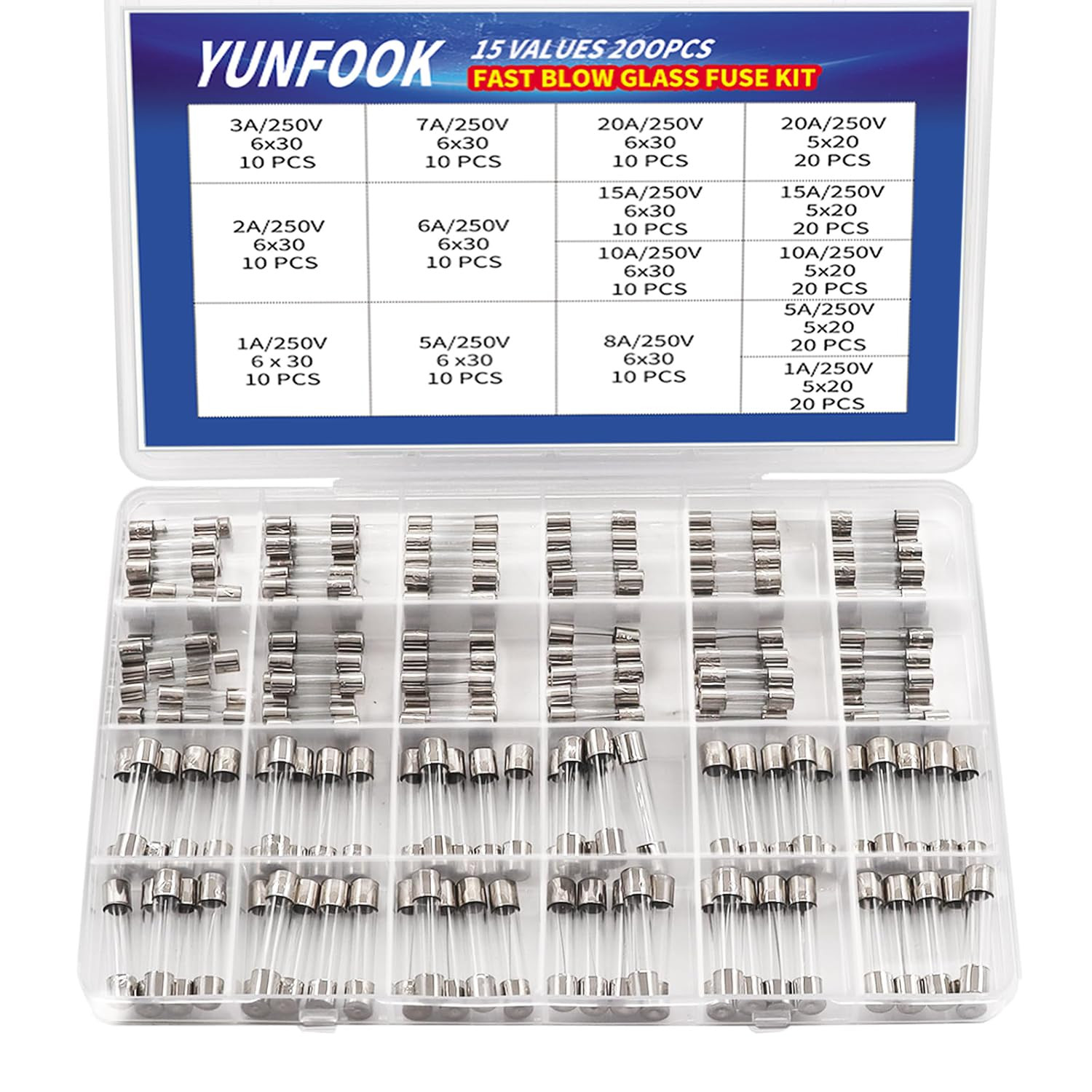 200 Pcs Glass Fuses Assortment Kit – 15 Values Fast Blow Fuses,250V 1A, 2A, 3A