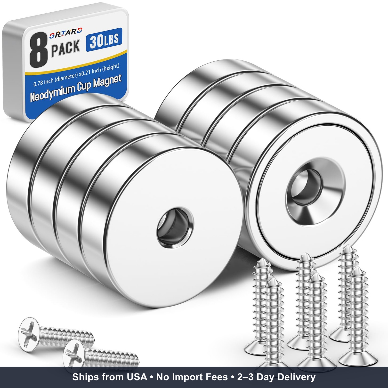30LB Neodymium Magnets, 8 PCS Strong Cup Magnet with Holes and Screw | Heavy Dut