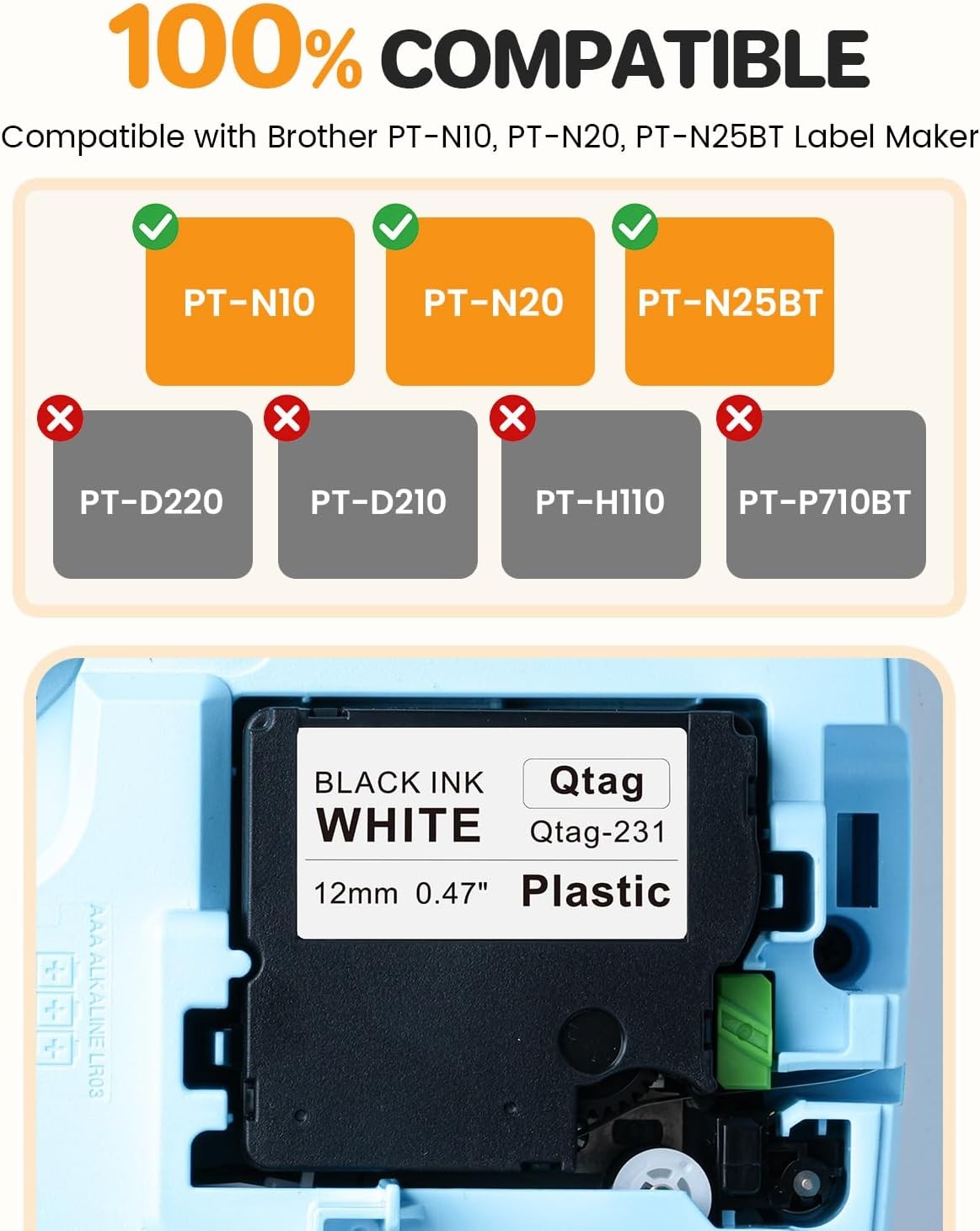 Fits Brother Btag Label Maker Tape 12mm 0.47 White Btag-231,PTouch PT-N10 PT-N20