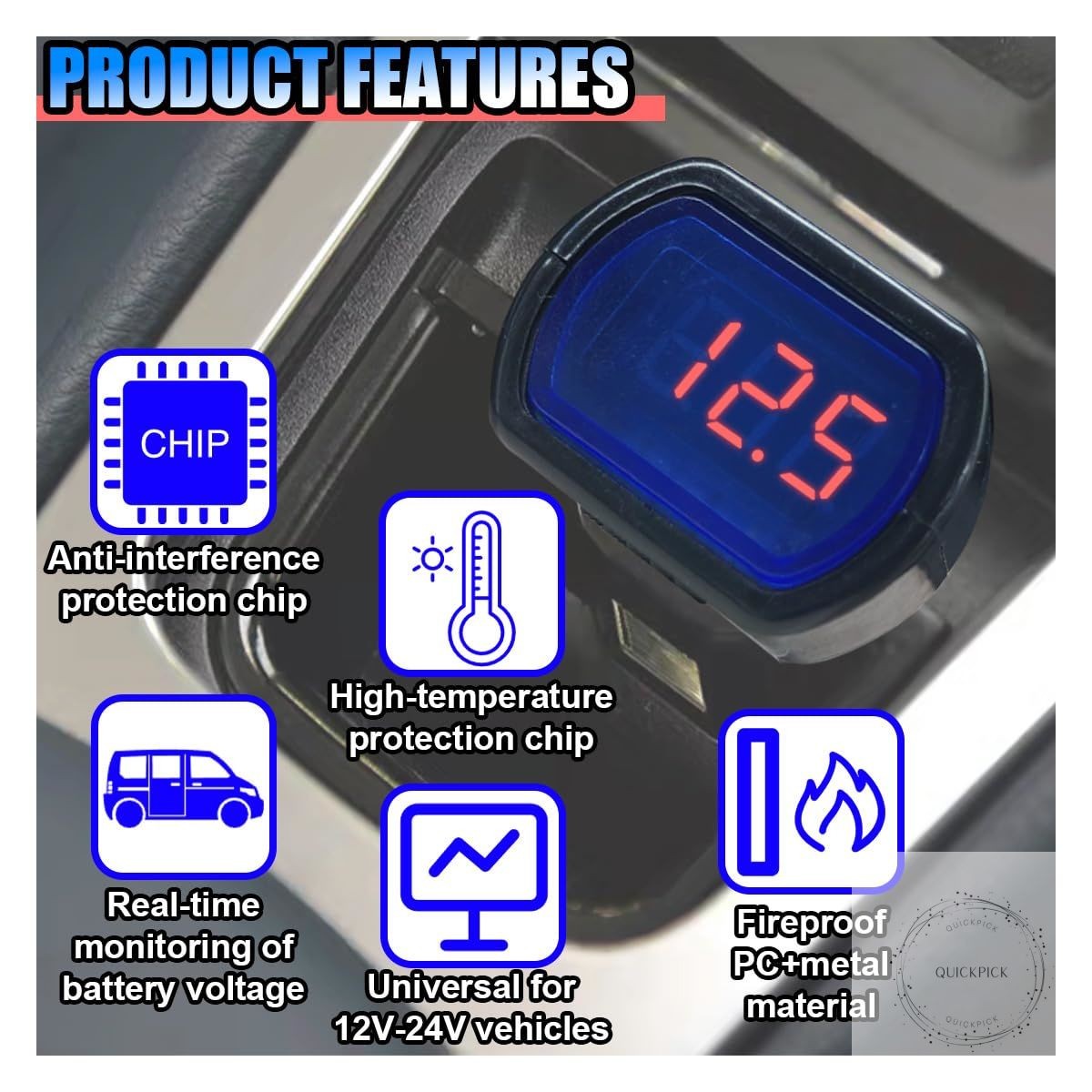 Car LED Digital Voltmeter, DC 12V/24V Cigarette Lighter Voltage Meter, Volt Gaug