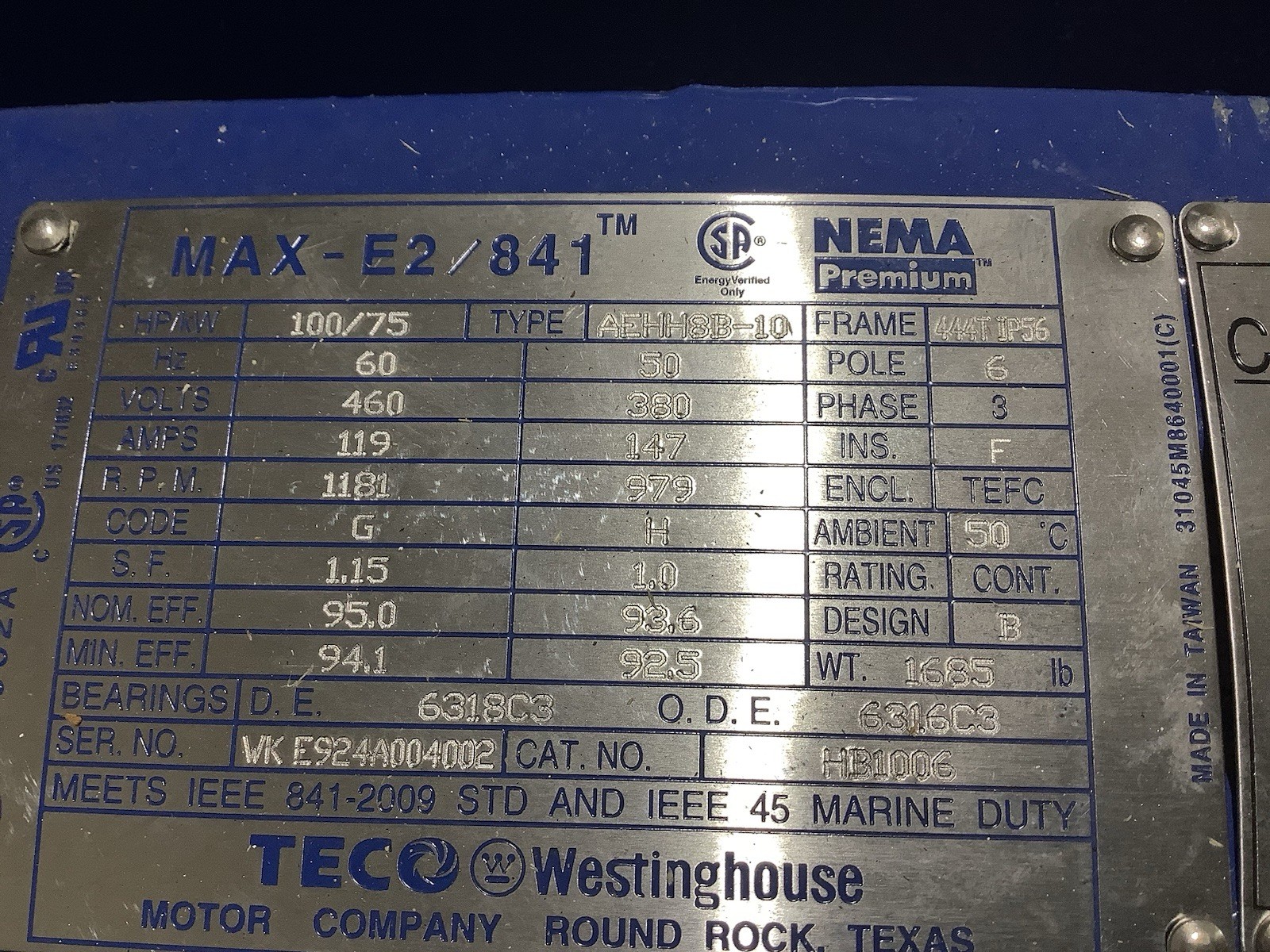 TECO AEHH8B-10 HB1006 AC Motor 100 Hp 460 V 1200 Rpm 3 Ph 60 Hz TEFC Max-E2/841