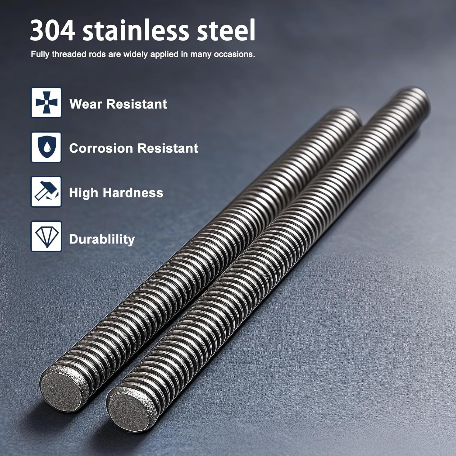 3/8″-24 Fully All Threaded Rod & Studs, 12″ Length, 304 Stainless Steel Right Ha