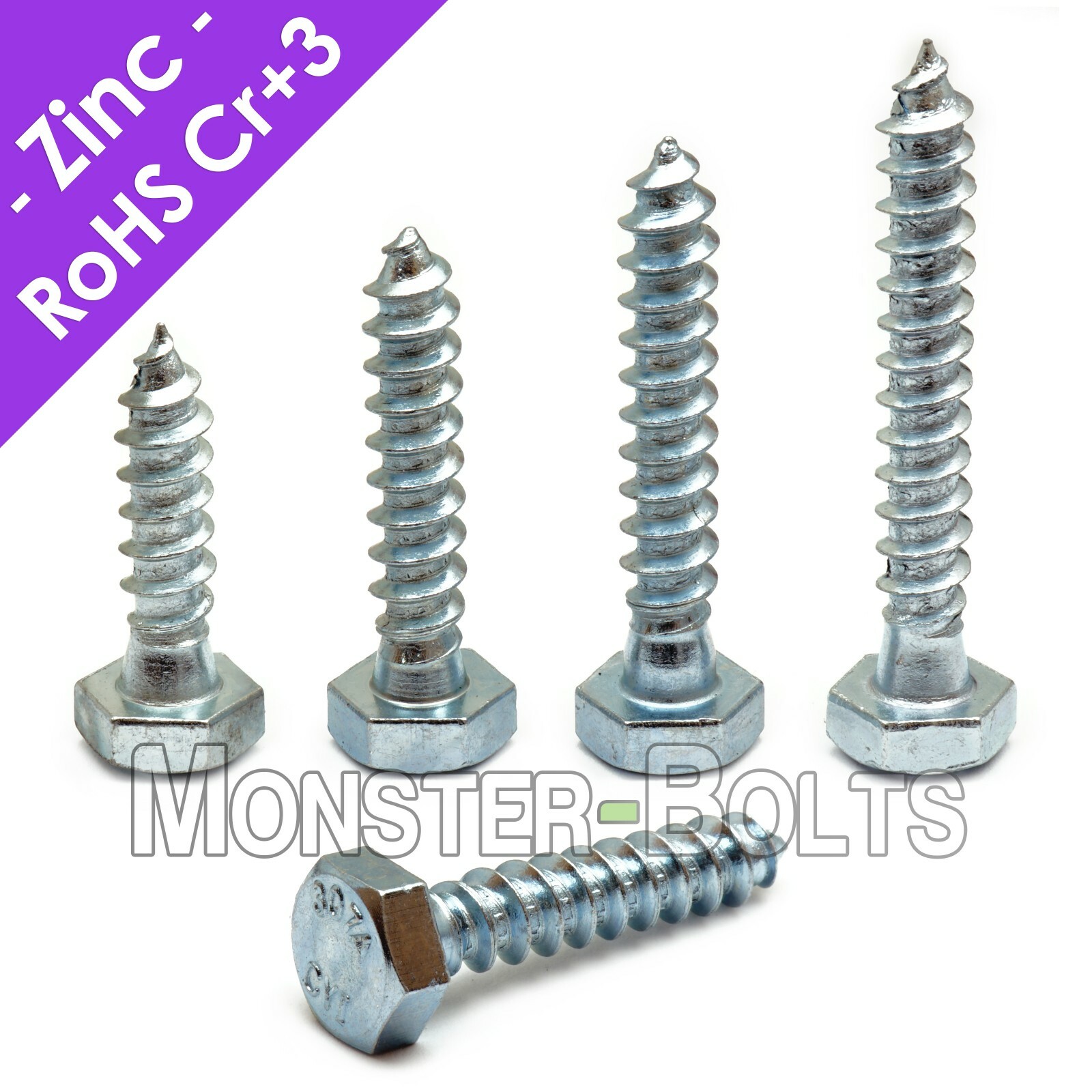 3/8″ Hex Lag Screws / Lag Bolts, Zinc Plated steel CR+3 RoHS (aka Coach Screw)
