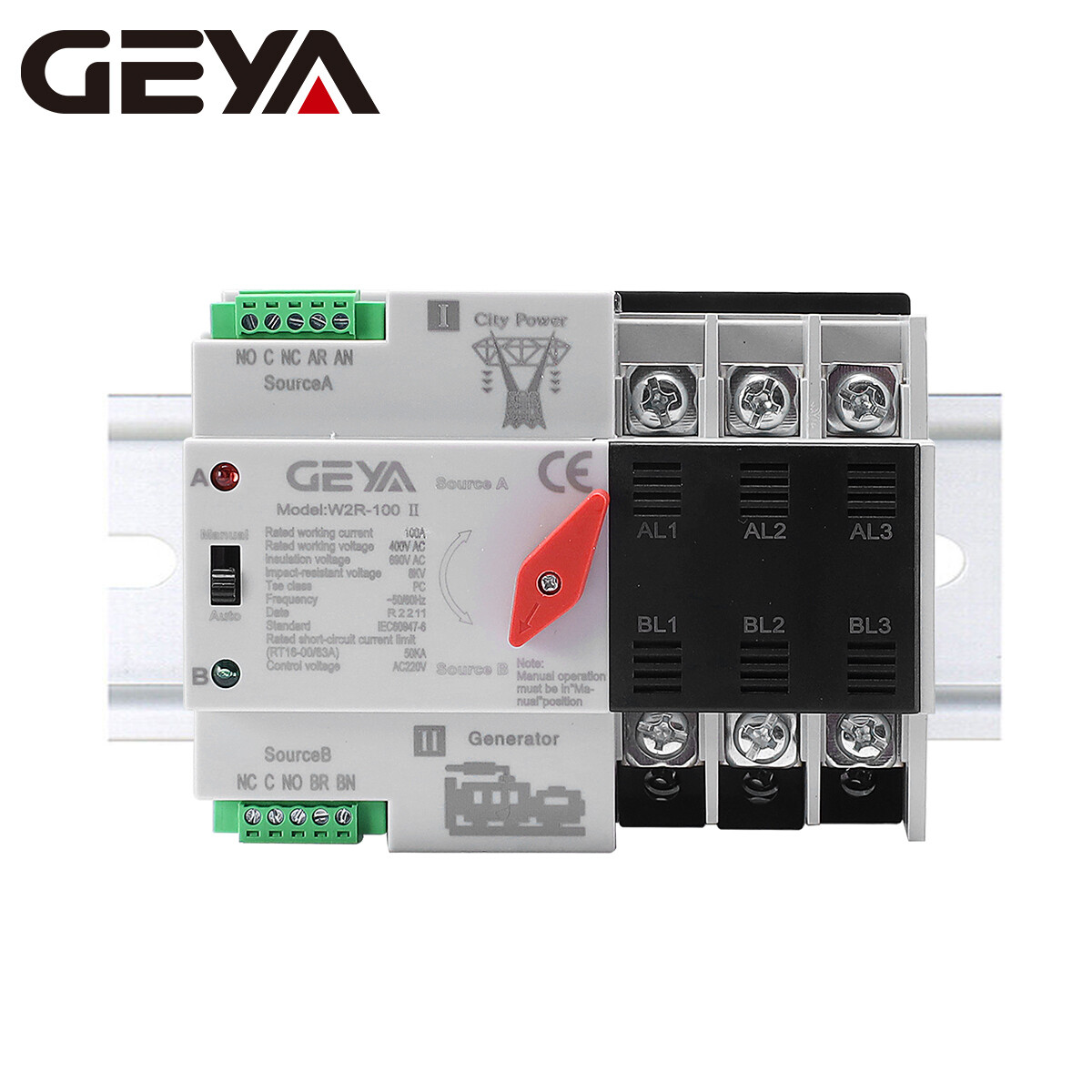 GEYA 3Pole 100A 230V Automatic Transfer Switch Dual Power Grid to Alternator60Hz