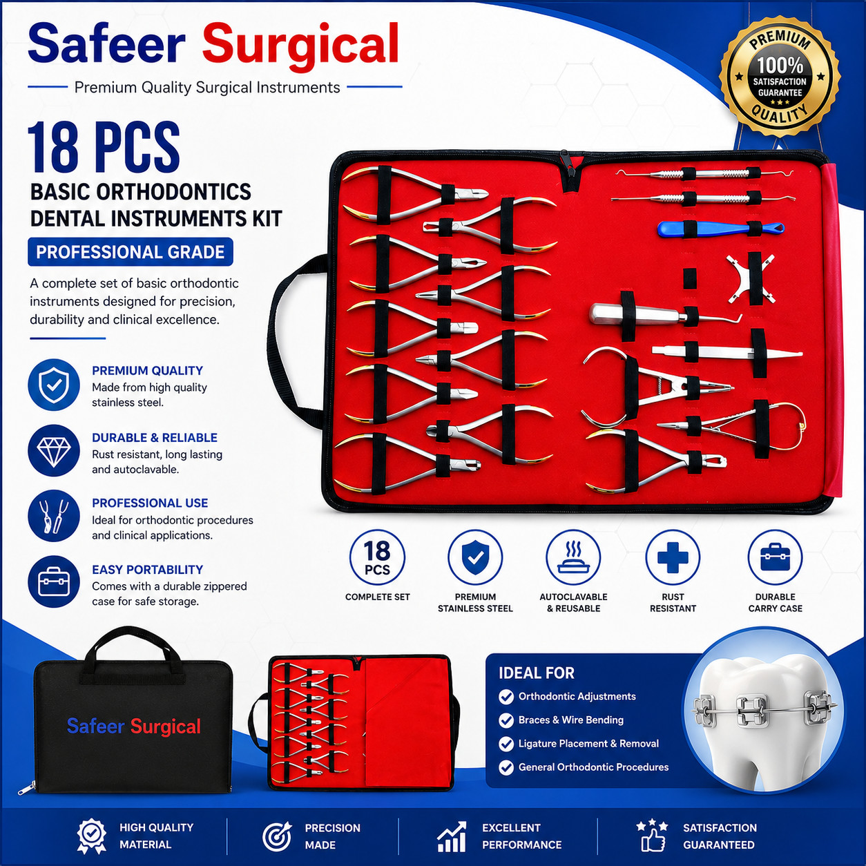 Safeer Surgical 18PCS Basic Orthodontic Dental Instruments Kit Stainless Steel