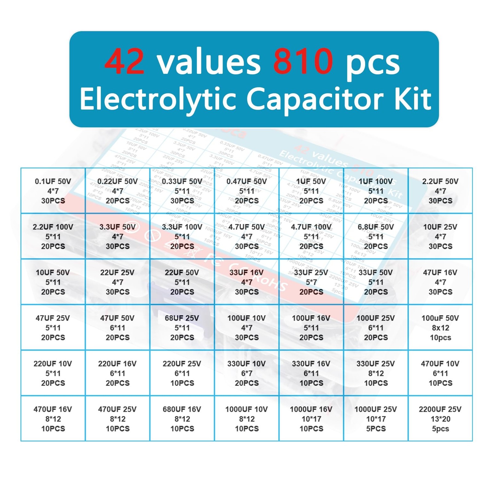 42 Values 810 Pieces, 0.1uF-2200uF, 10V 16V 25V 50V 100V, Electrolytic Capaci…