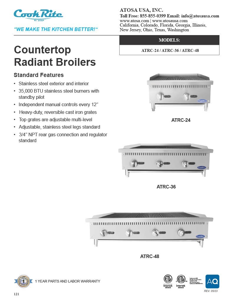 Atosa ATRC-36-LP 36″ RADIANT BROILER PROPANE WITH 5 YEARS PARTS & LABOR