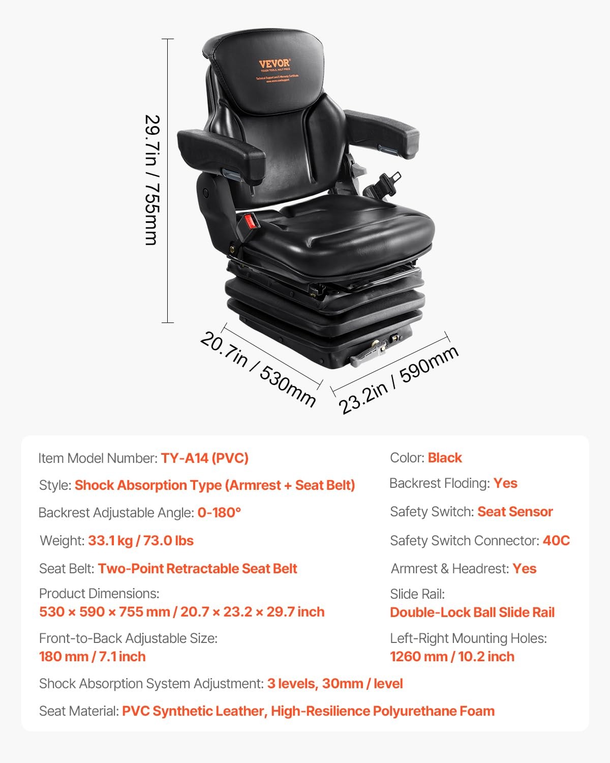 VEVOR Universal Forklift Seat, Tractor Seat with 23.2×22.0×29.7 inches, Black