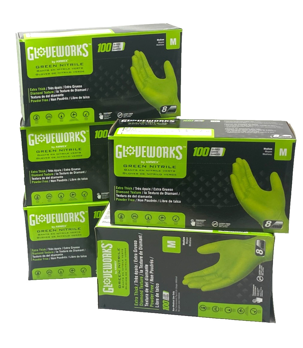 Gloveworks 8 Mil Nitrile Gloves Green Medium 500 Count Heavy Duty Disposable NEW