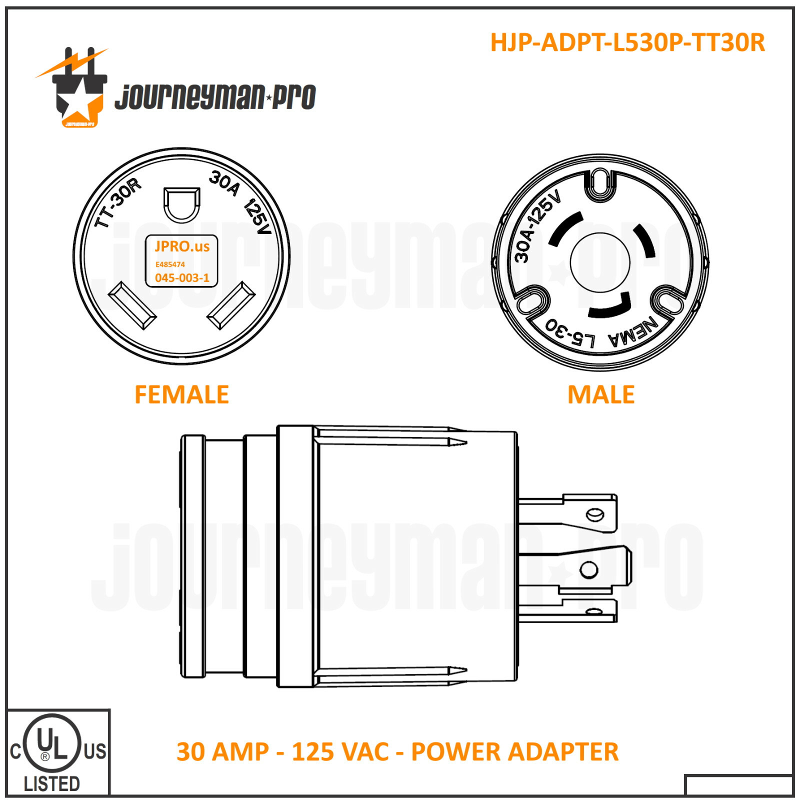 Generator RV Power Cord Adapter L5-30P (Male Plug) to TT-30R (Female Connector)