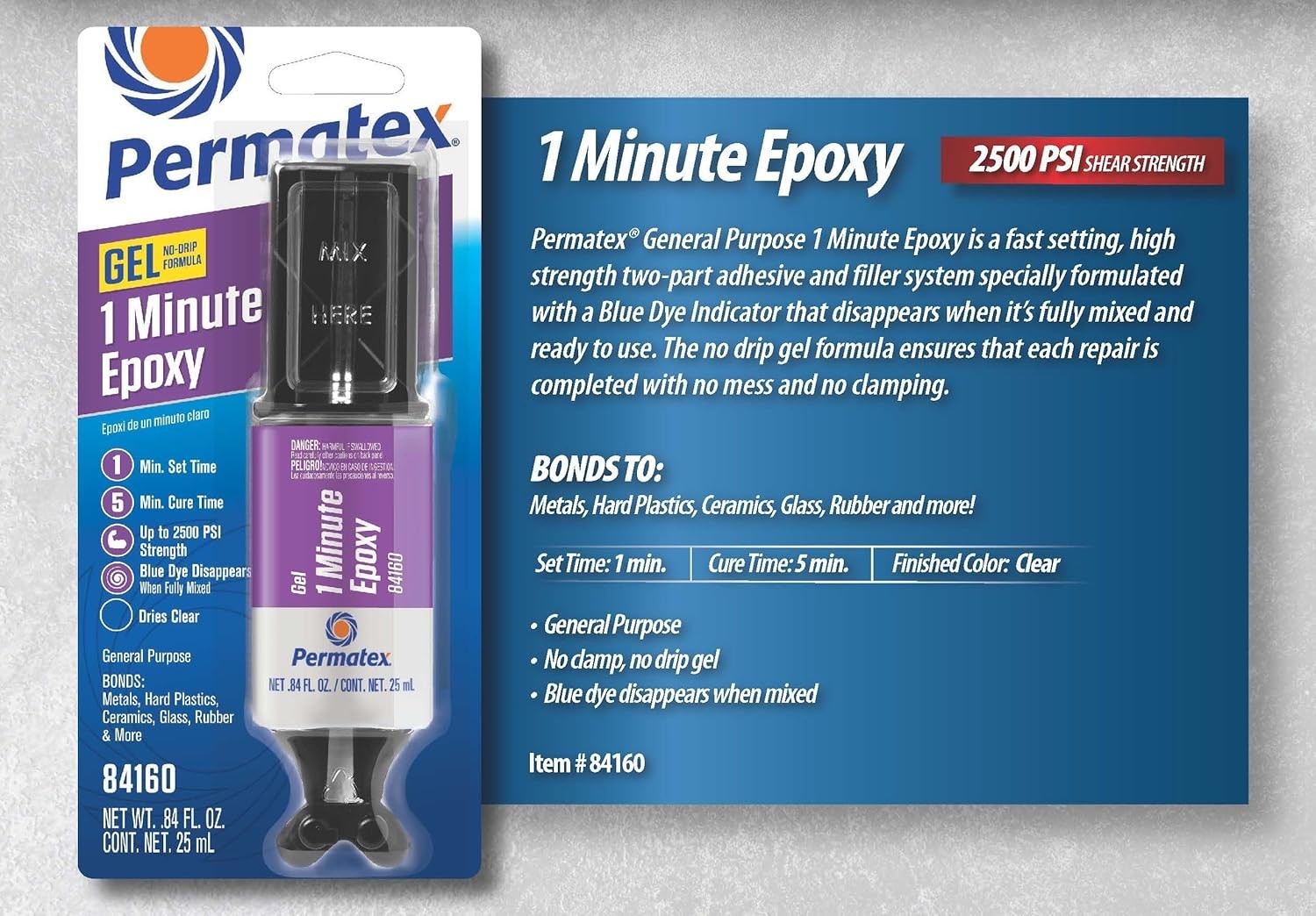 Permatex 84160 PermaPoxy 1 Minute General Purpose Epoxy, 0.84 Ounce, grey