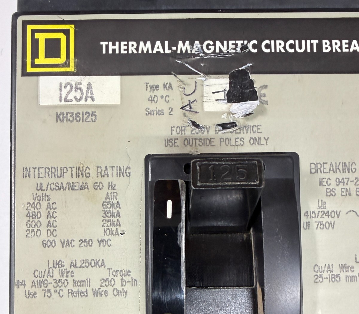Square D KH36125 125Amp 3Pole 600V 25kA I-Line Circuit Breaker High Interrupting