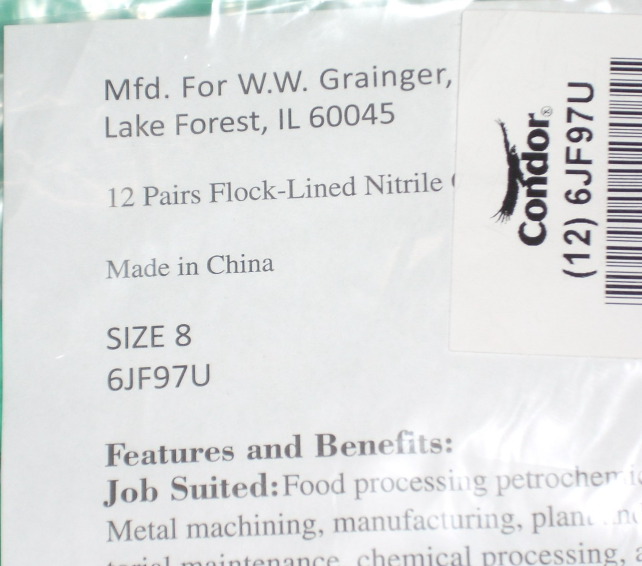 Condor Green Flock Lined Nitrle Gloves 13″ L Textured Palm Medium Dozen 6JF97