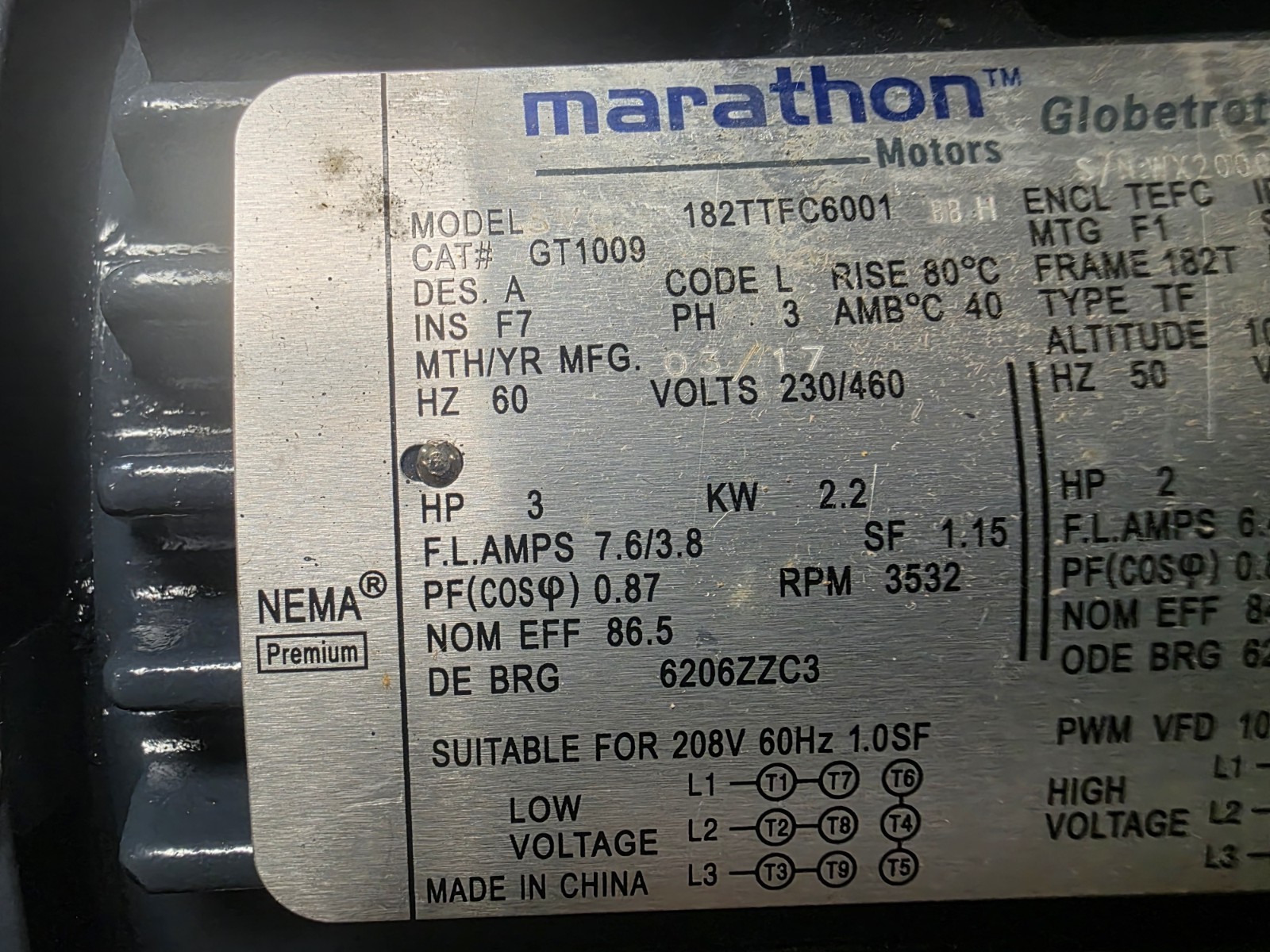 Marathon Cat. GT1009 Electric Motor 3hp 3ph 3532 RPM 182T Fr. Inverter Duty