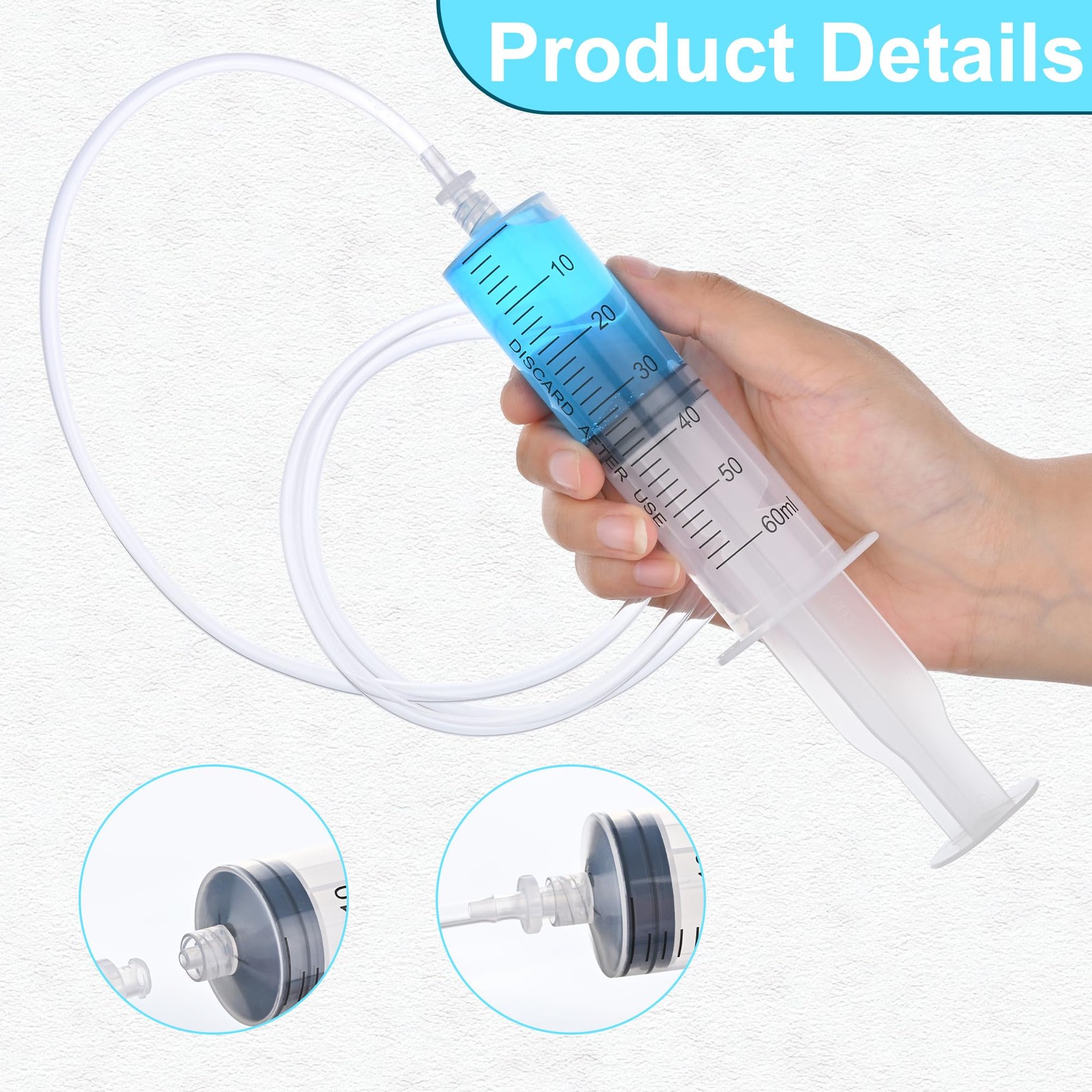 2 Pack 60ml Luer Lock Syringe with 39″ Tube, Large 60cc Plastic