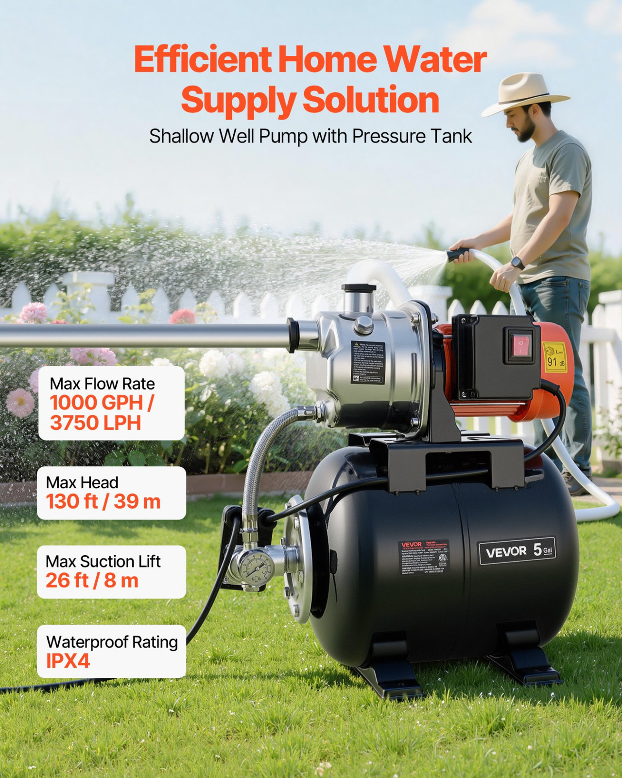 1 HP Shallow Well Pump with Pressure Tank, 120V 1000 GPH, for Home Garden Lawn