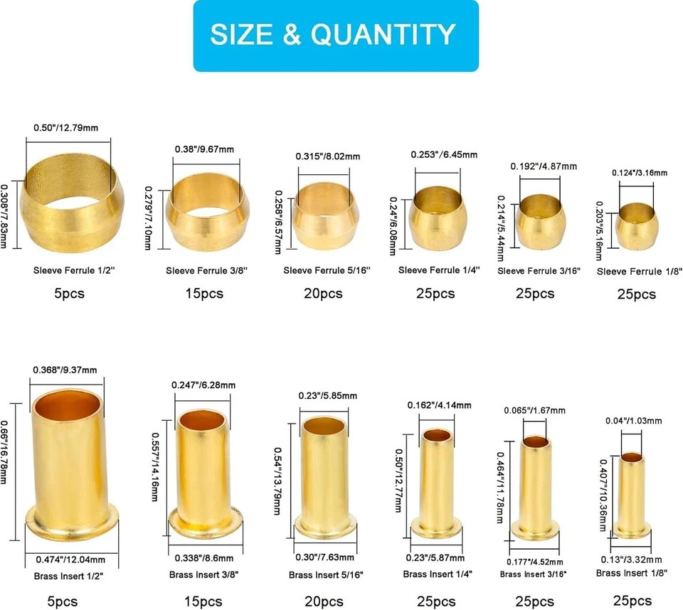 Brass Compression Fittings Assortment Kit – 6 Sizes for Fluids and Gases