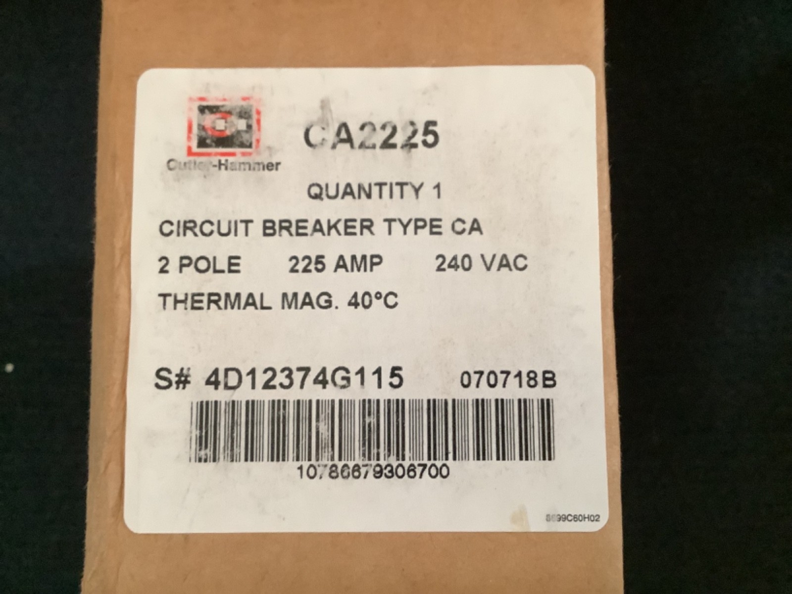 CUTLER HAMMER CA2225 2pole 225amp 240v Feed-thru 10ka NEW