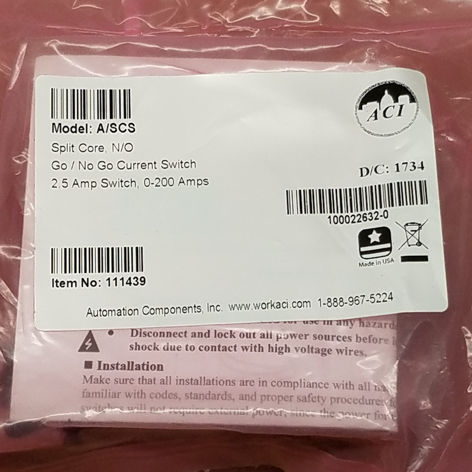ACI A/SCS Selector Switch, N/O Split Core, 2.5 Amp Switch, 0-200 Amps – NEW