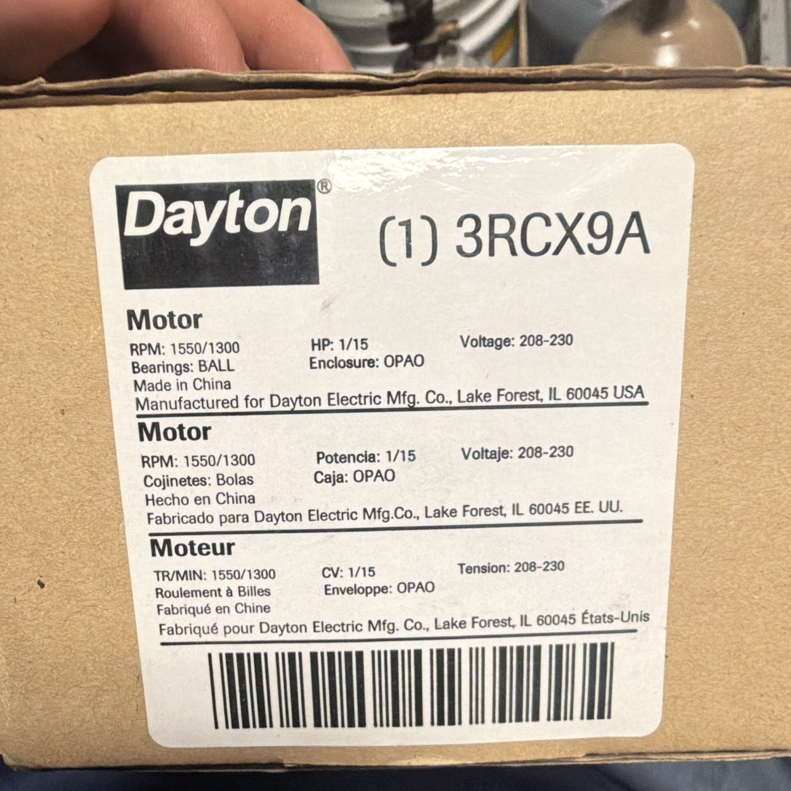 Dayton 3RCX9A 1/15 HP AC Induction Motor, 208-230V 60Hz 1550/1300 RPM OPAO