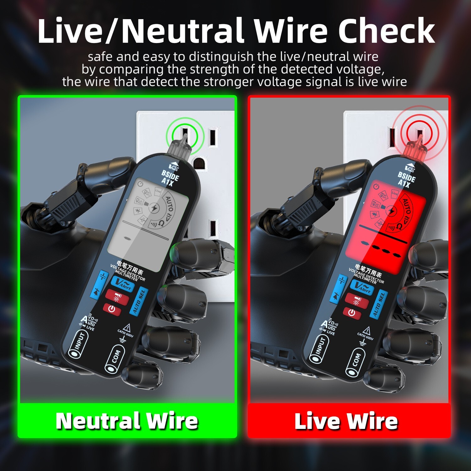 Multimeter AC/DC V Ω F Diode NCV Live Neutral Wire Check Flashlight Li-Battery