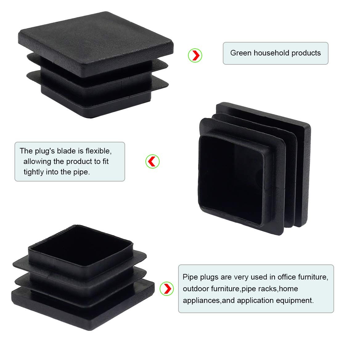 12Pack 13mm (1/2 Inch) Square Plastic Plug, Black