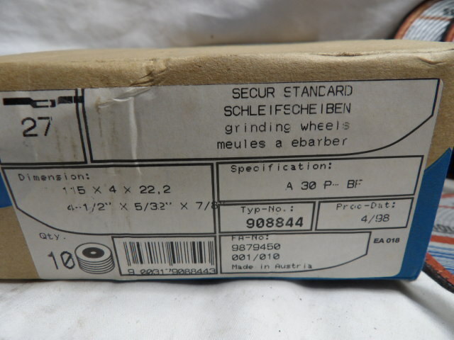 Tyrolit Steel Grinding Wheels 4-1/2″ x 5/32″ x 7/8″ A30 P-BF (Box of 10) Austria